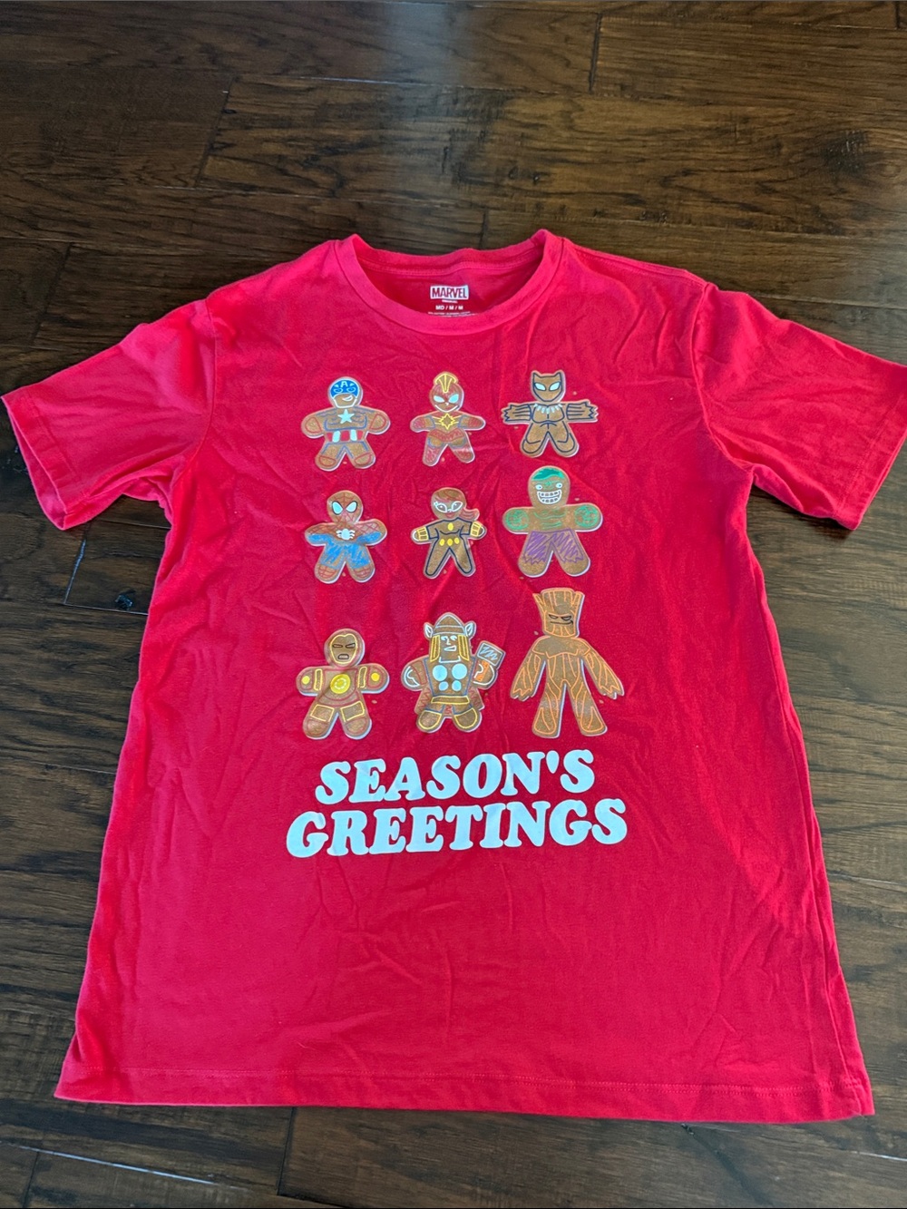 Marvel Red Holiday Tee with Festive Gingerbread Heroes